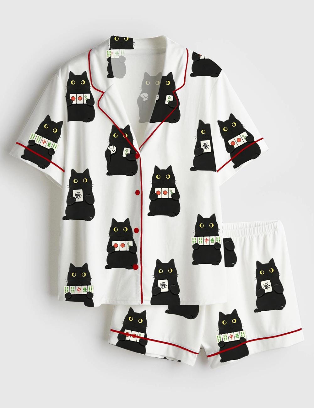 Black Cat Pajama Set Women, Mahjong Cat Sleepwear, Funny Lounge Outfit Gift