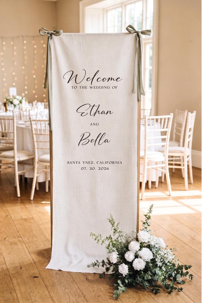 Custom Linen Wedding Welcome Sign, Fabric Wedding Banner, Boho Outdoor Ceremony Decor, Personalized Engagement Party Sign, Bridal Shower