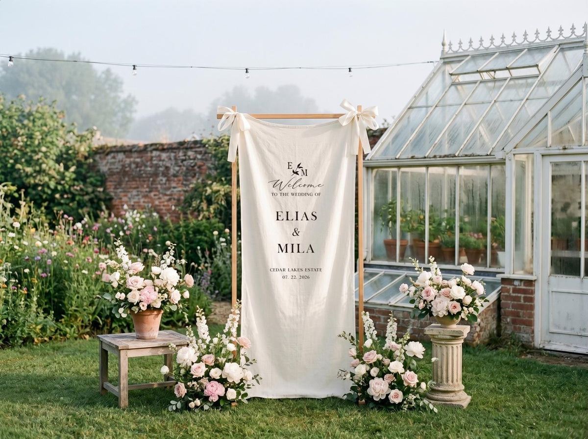 Custom Linen Wedding Welcome Sign, Fabric Wedding Banner, Boho Outdoor Ceremony Decor, Personalized Engagement Party Sign, Bridal Shower
