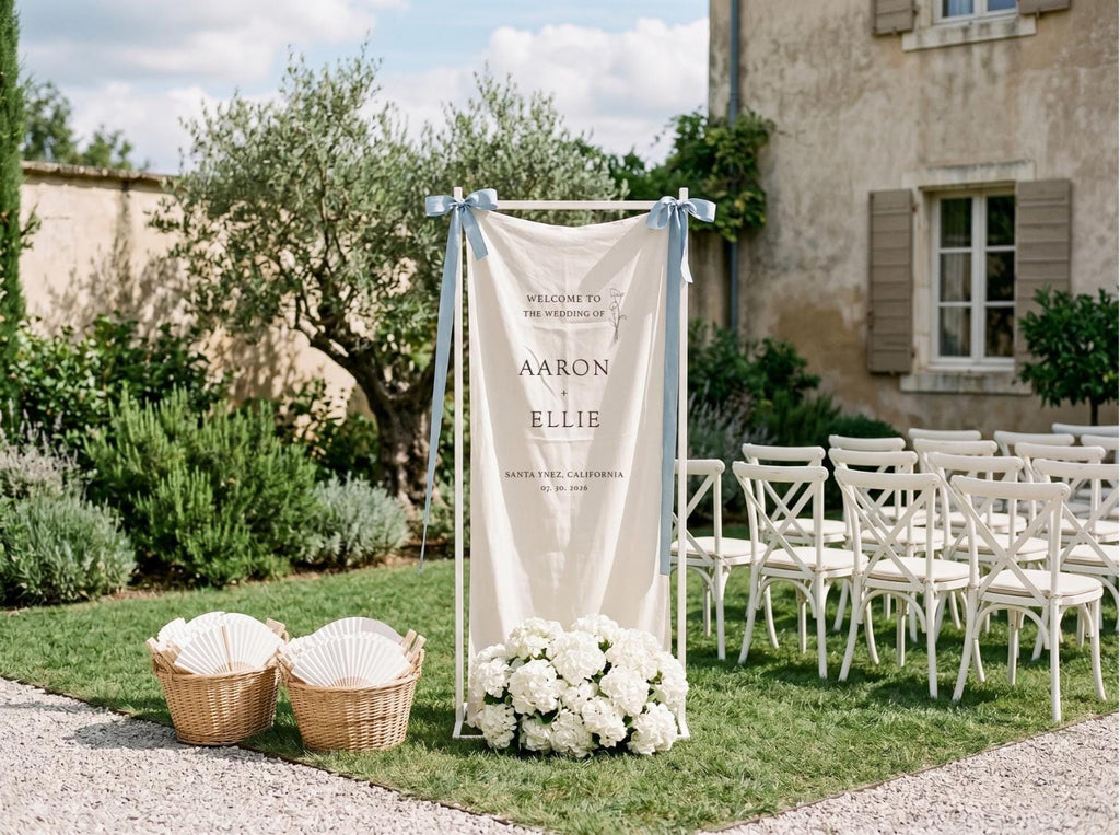 Custom Linen Wedding Welcome Sign, Fabric Wedding Banner, Boho Outdoor Ceremony Decor, Personalized Engagement Party Sign, Bridal Shower