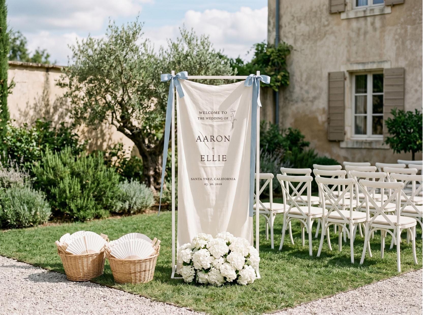 Custom Linen Wedding Welcome Sign, Fabric Wedding Banner, Boho Outdoor Ceremony Decor, Personalized Engagement Party Sign, Bridal Shower