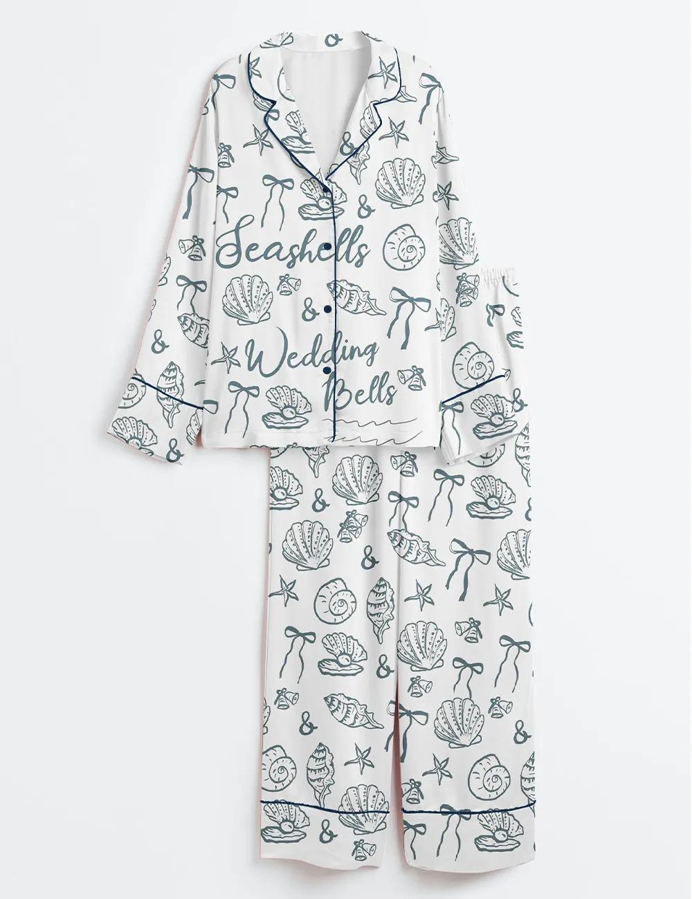 Coastal Seashells and Wedding Bells Satin Pajamas, Coastal Bridal Party Beach Bride Sleepwear, Silky Nautical Wedding Gift, Summer Mrs Pjs