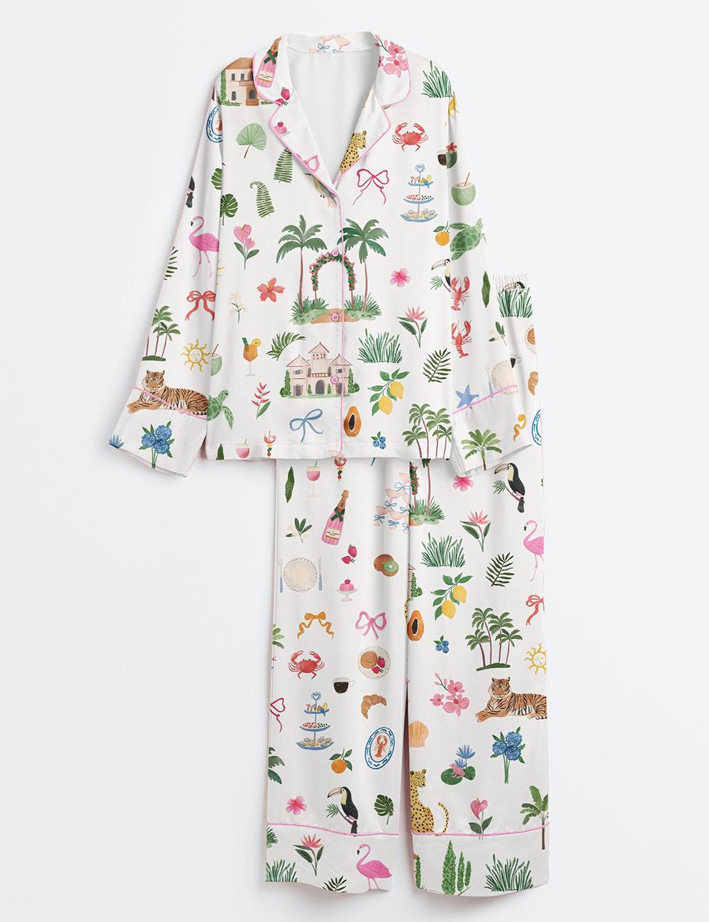 Whimsical Coastal Watercolor Satin Pajamas, Palm Tree Beach Bride Pjs, Summer Wedding Party Sleepwear, Tropical Nautical Bridal Shower Gift
