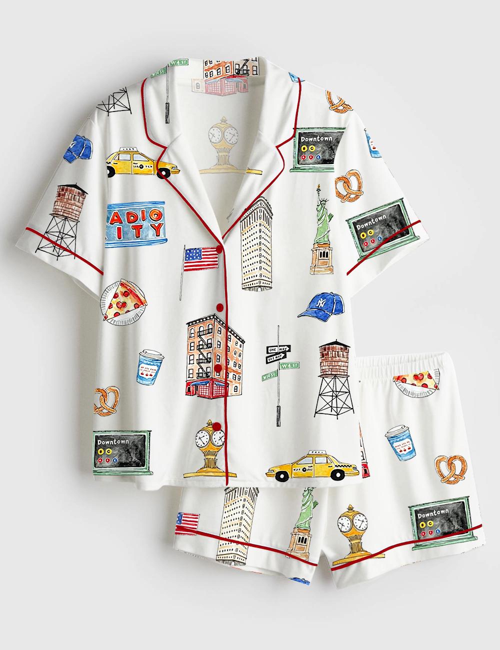New York Pajama Set Women NYC Sleepwear City Print Lounge Outfit Travel Gift