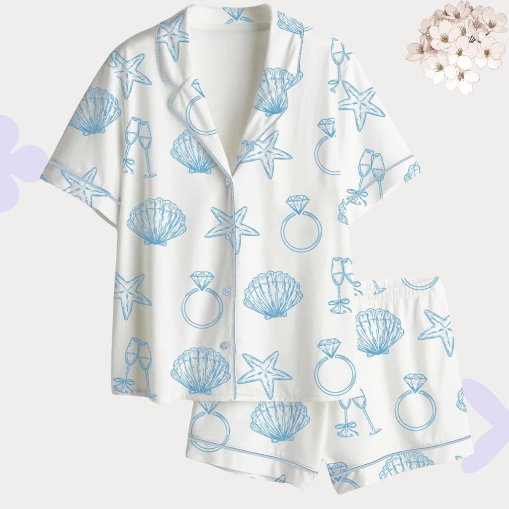 Coastal Bridal Pajamas – Nautical Bridesmaid Pjs Set – Beach Bachelorette Party Gift
