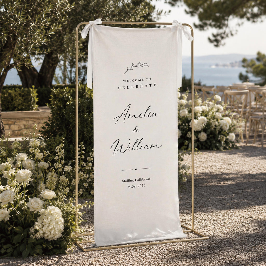 Personalized Linen Wedding Banner, Elegant Ceremony Welcome Sign with Custom Names & Venue Signage Decor