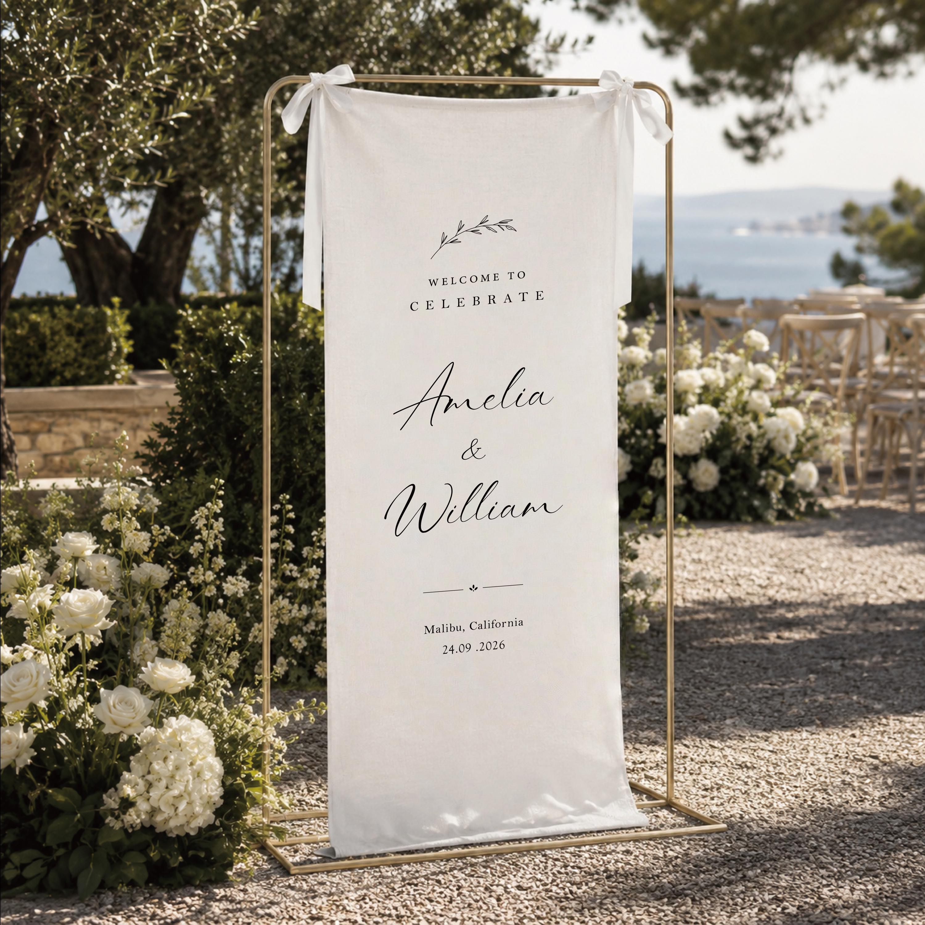 Personalized Linen Wedding Banner, Elegant Ceremony Welcome Sign with Custom Names & Venue Signage Decor