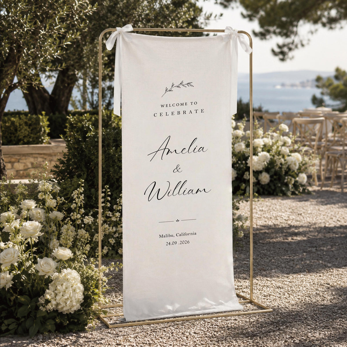 Custom Linen Wedding Welcome Sign, Personalized Fabric Wedding Banner with Names & Date, Ceremony Signage Decor
