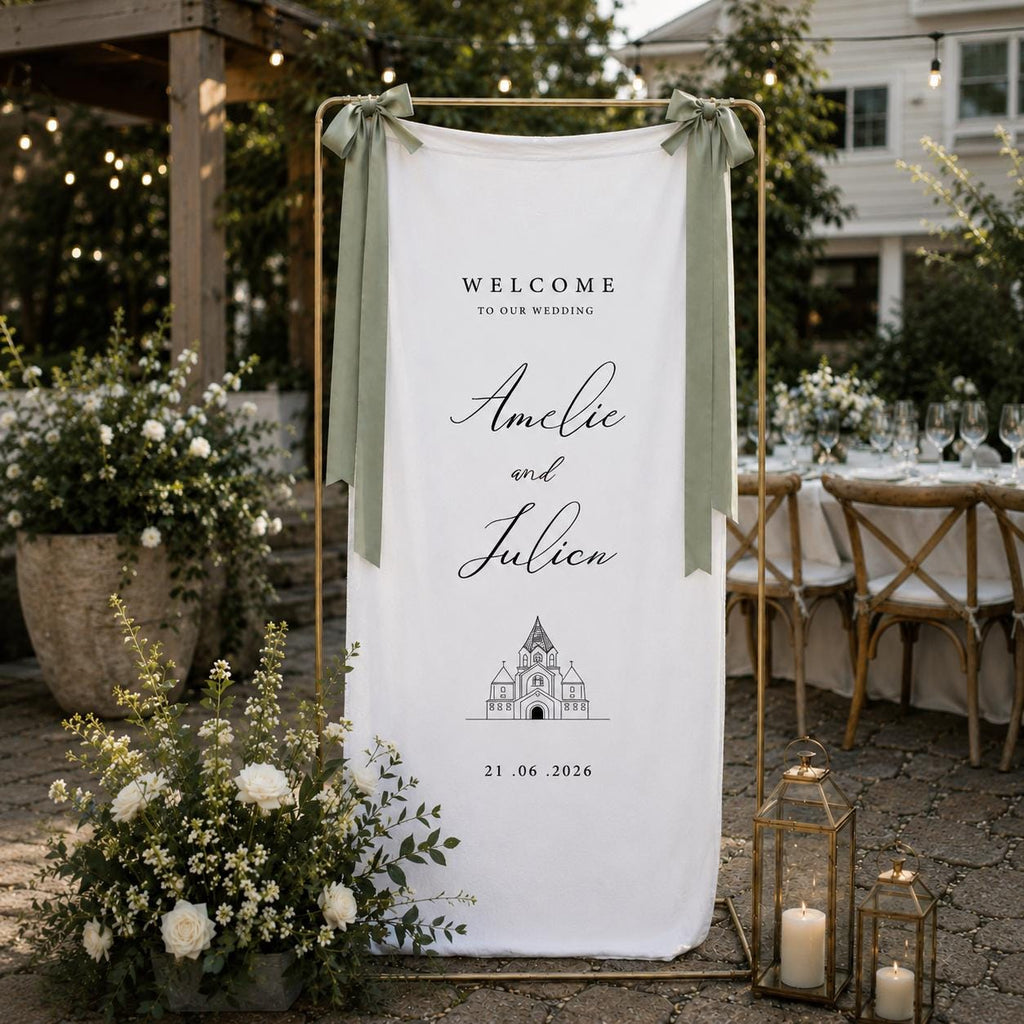Custom Linen Wedding Welcome Sign, Personalized Fabric Wedding Banner with Names & Date, Ceremony Signage Decor