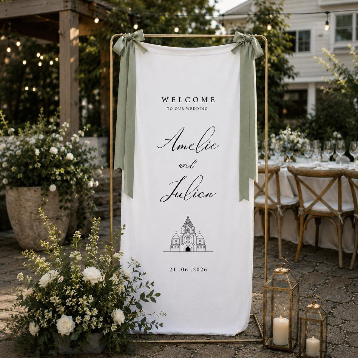 Custom Linen Wedding Welcome Sign, Personalized Fabric Wedding Banner with Names & Date, Ceremony Signage Decor