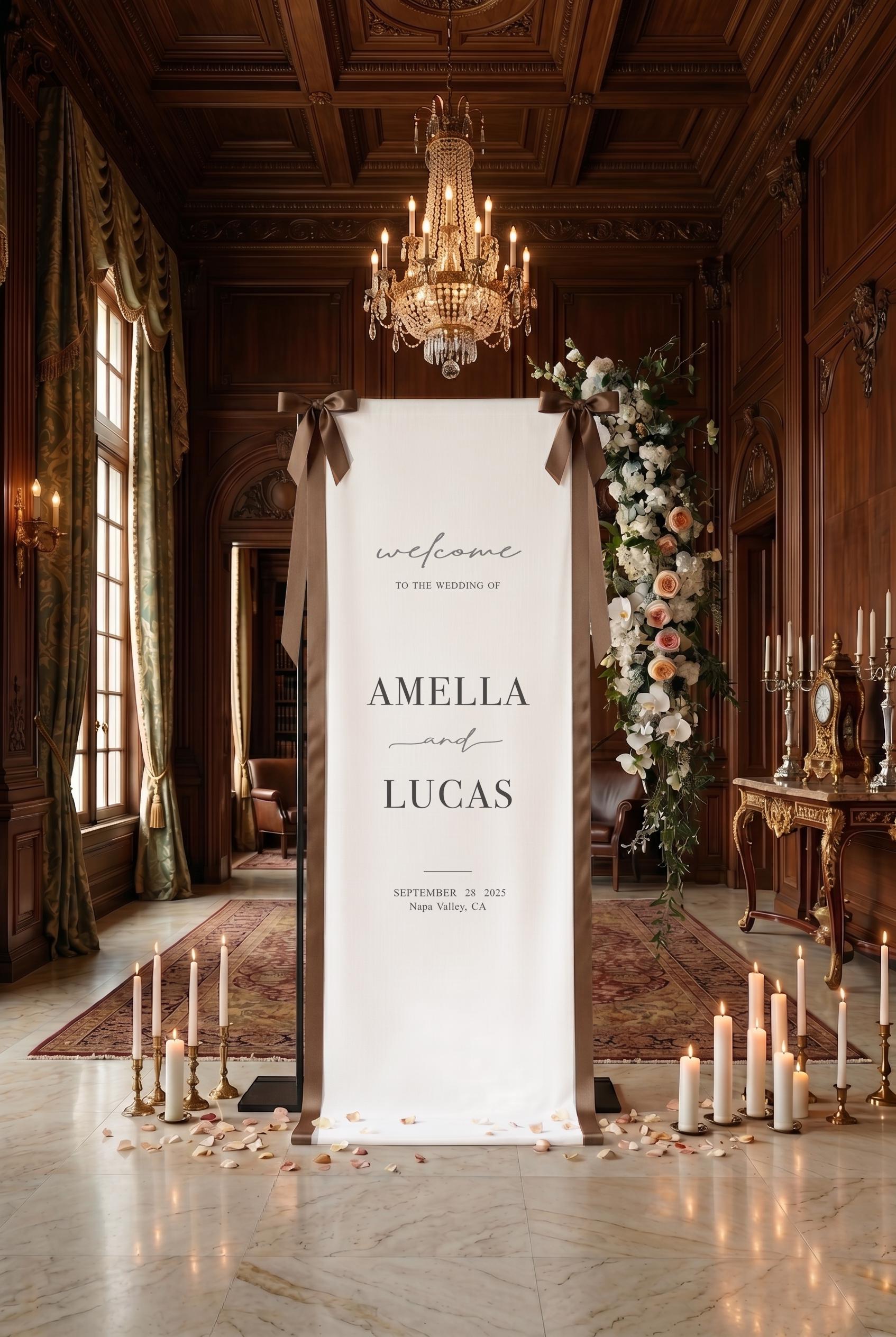 Custom Satin Wedding Welcome Sign, Personalized Ceremony Banner, Modern Fabric Reception Decor, Minimalist