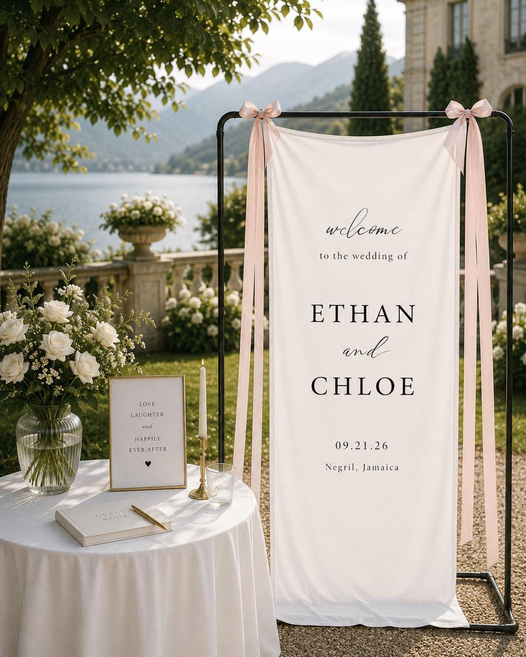 Personalized Linen Wedding Banner, Elegant Ceremony Welcome Sign with Custom Names & Venue Signage Decor