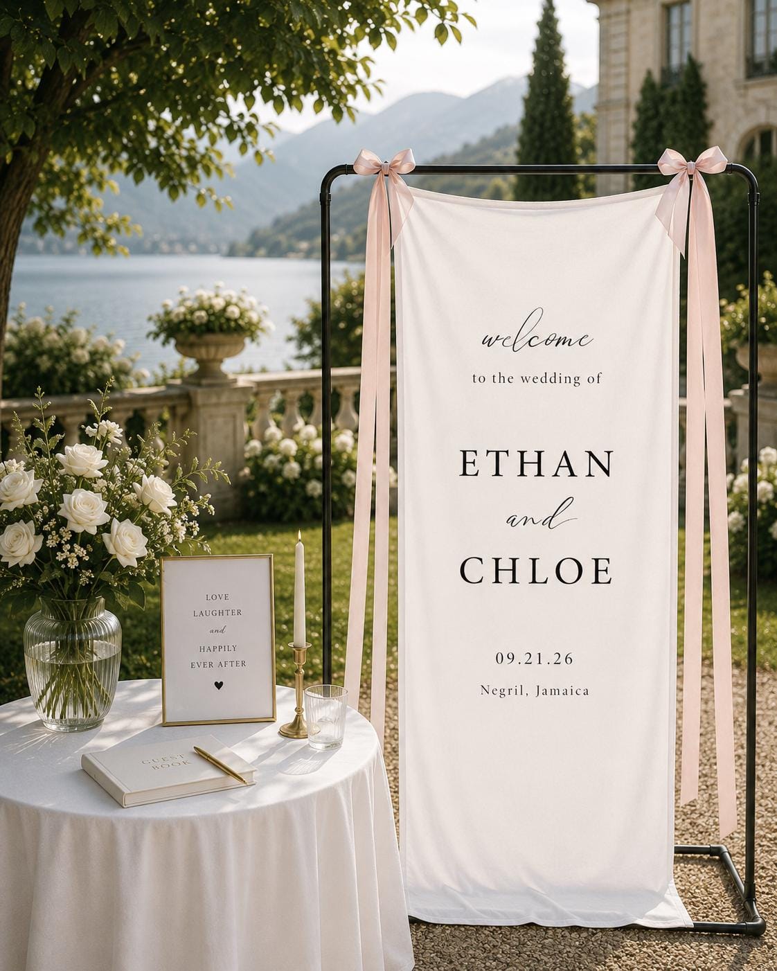 Personalized Linen Wedding Banner, Elegant Ceremony Welcome Sign with Custom Names & Venue Signage Decor