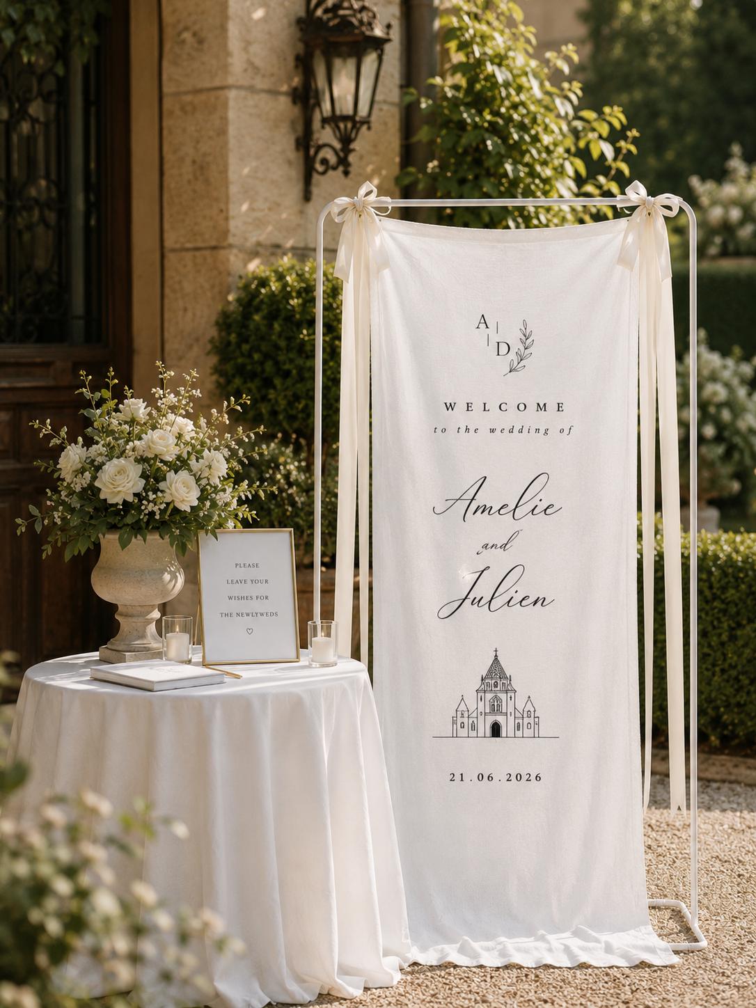 Personalized Linen Wedding Banner, Elegant Ceremony Welcome Sign with Custom Names & Venue Signage Decor