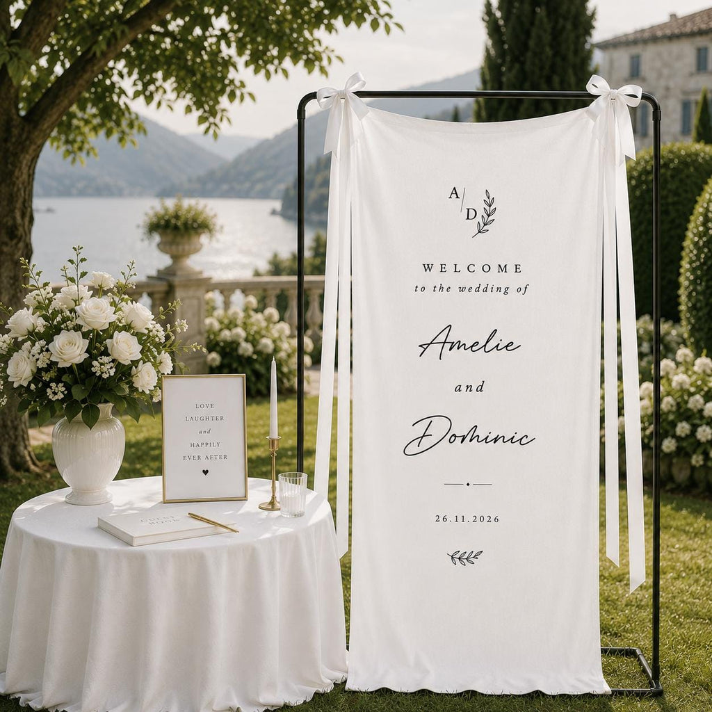 Personalized Linen Wedding Banner, Elegant Ceremony Welcome Sign with Custom Names & Venue Signage Decor