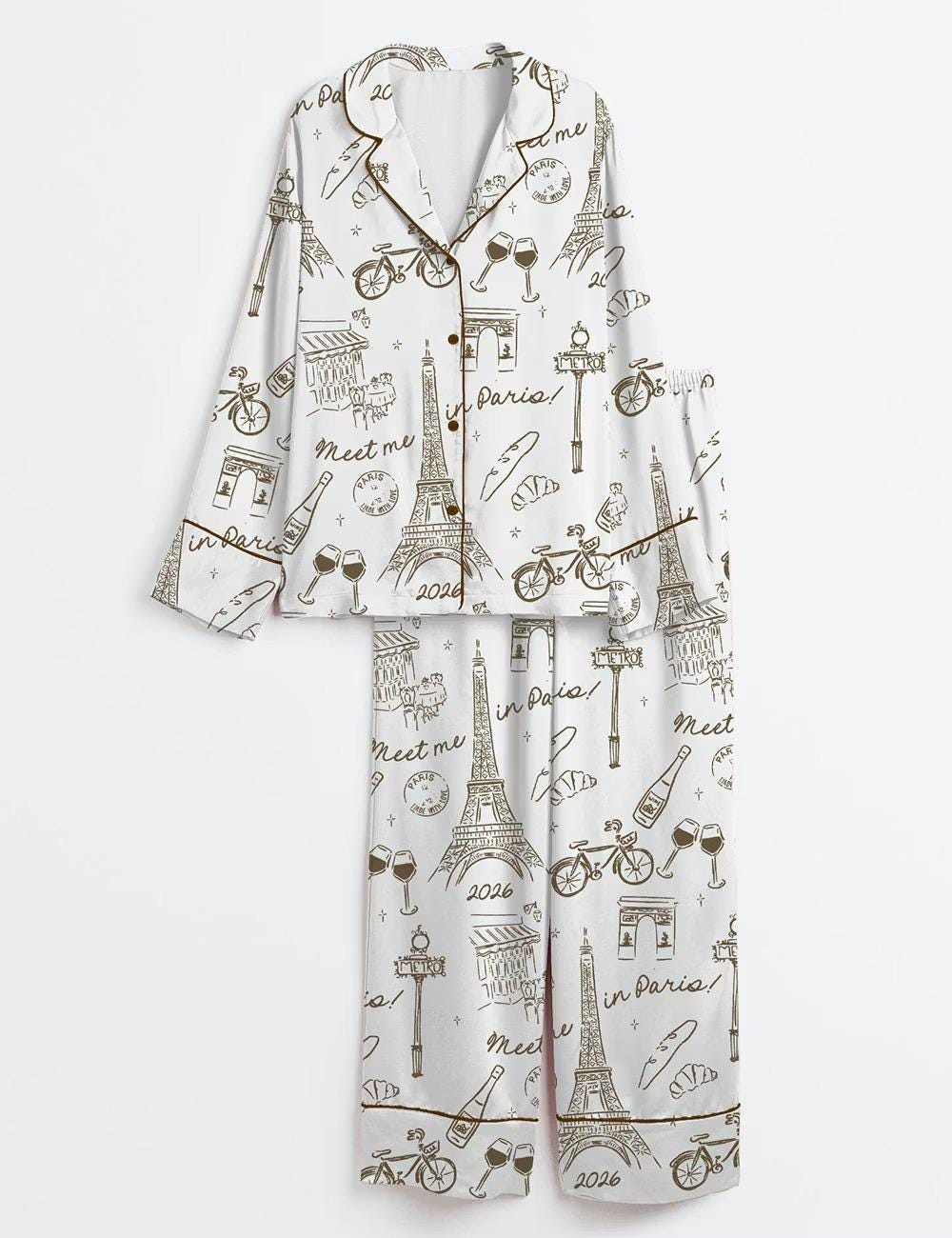 Meet Me In Paris Pajama Set, Girls Trip Bachelorette Party Long Sleeve Sleepwear, Silky Satin French Aesthetic Pjs, Paris Bride Lounge Set