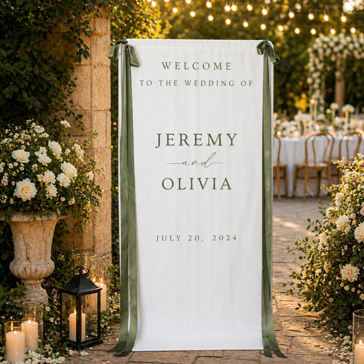 Hanging Wedding Welcome Sign, Personalized Linen Fabric Banner with Ribbon Ties for Arch, Arbor or Ceremony Backdrop