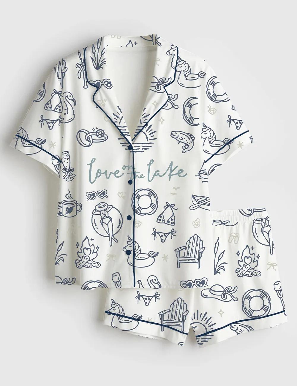 Lake Bachelorette Pajamas, Love on the Lake PJs, Silky Satin Short Sleeve Sleepwear, Bridal Party Lounge, Lake House Trip Gift for Her
