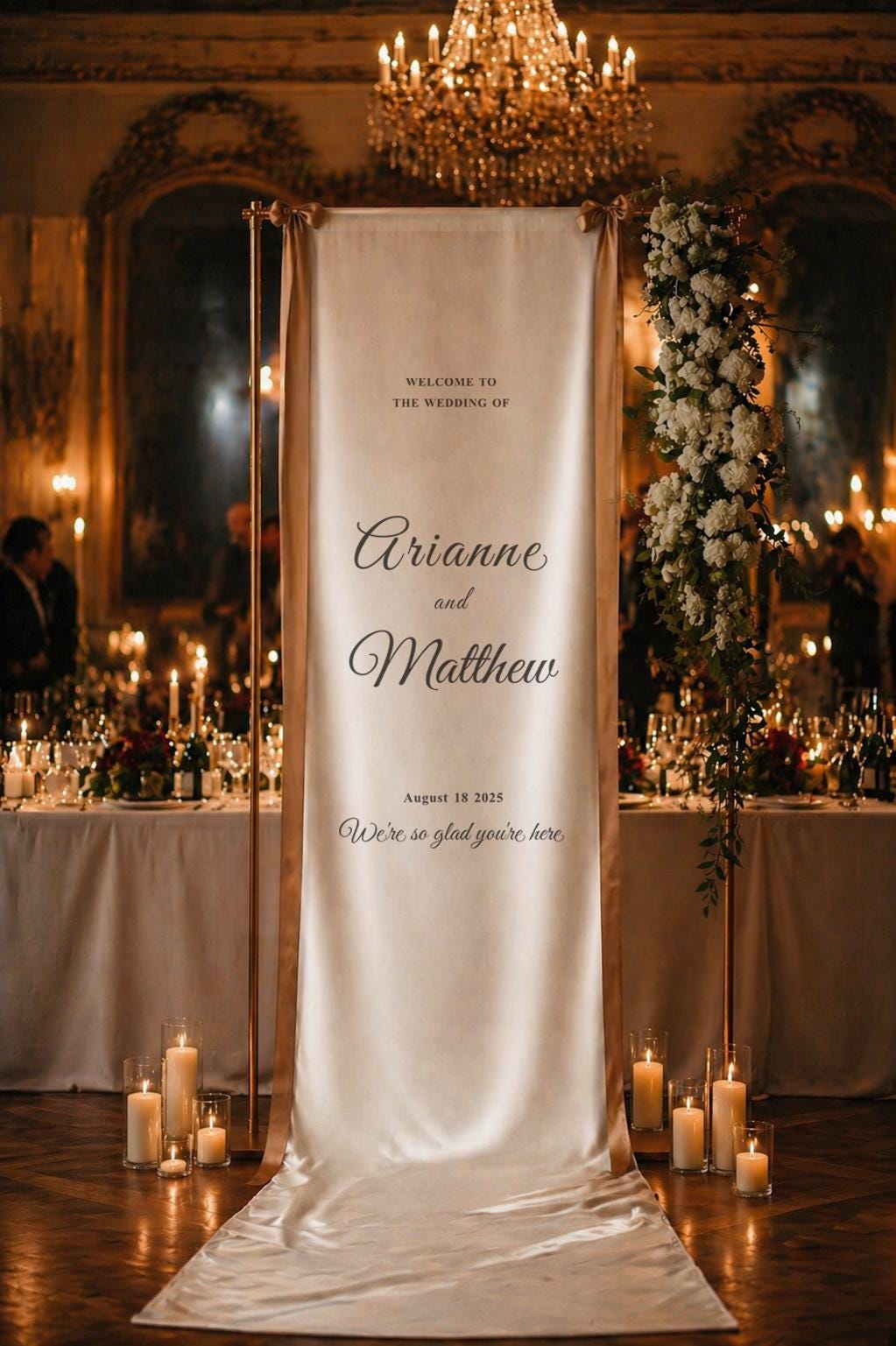 Custom Satin Wedding Welcome Sign, Personalized Ceremony Banner, Modern Fabric Reception Decor, Minimalist