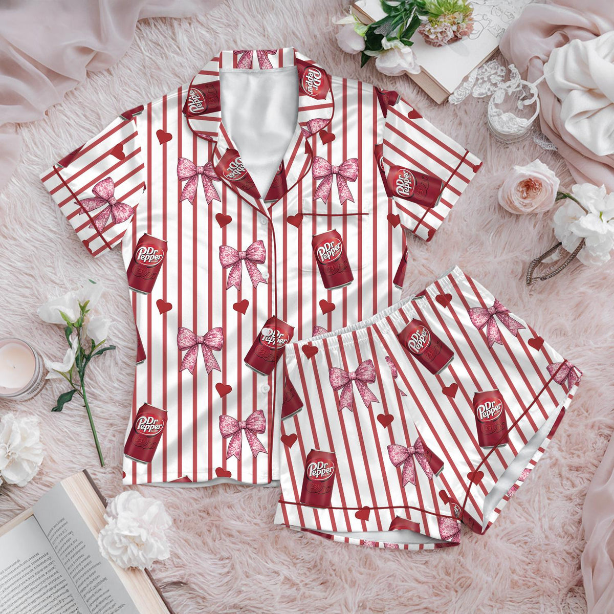 Soda Print Pajama Set Satin Sleepwear Bow Pattern Gift for Her