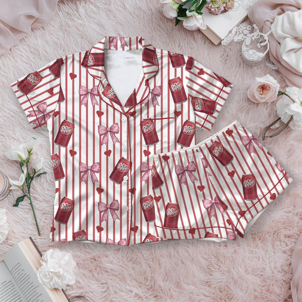 Soda Print Pajama Set Satin Sleepwear Bow Pattern Gift for Her