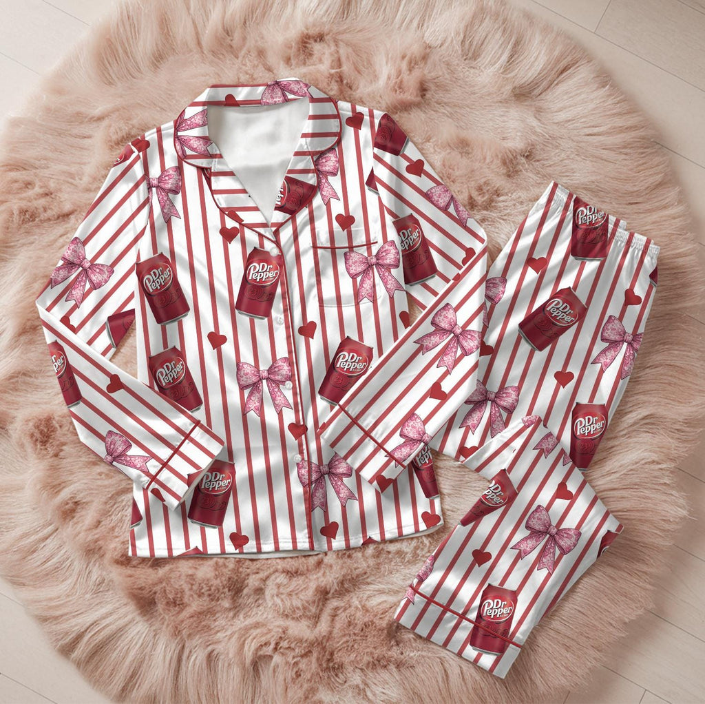 Soda Print Pajama Set Satin Sleepwear Bow Pattern Gift for Her