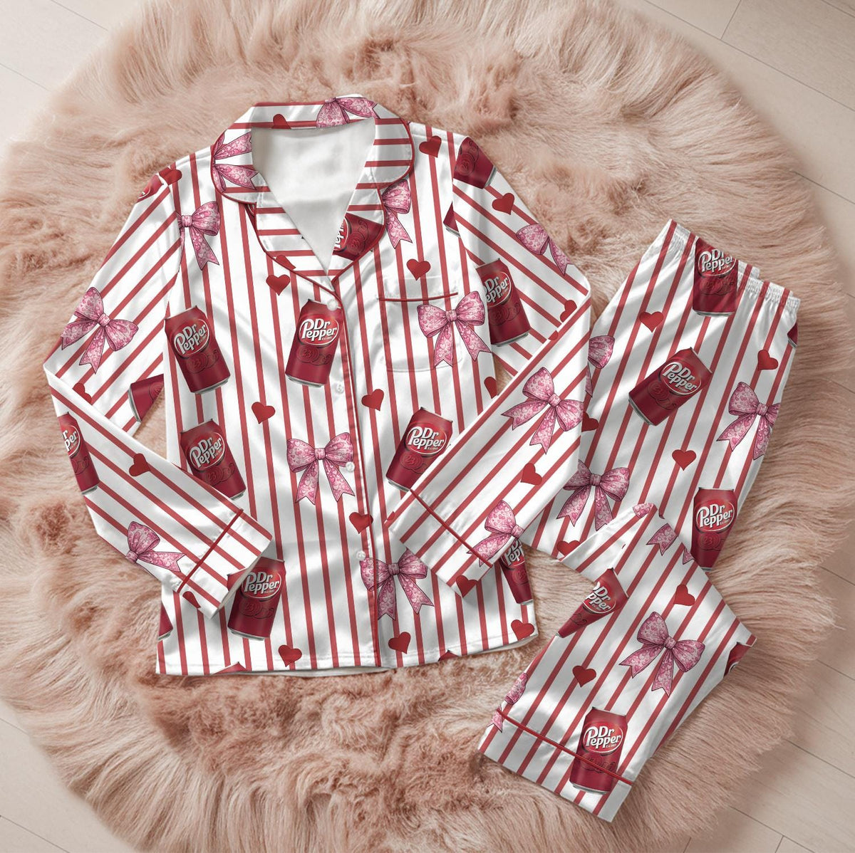 Soda Print Pajama Set Satin Sleepwear Bow Pattern Gift for Her