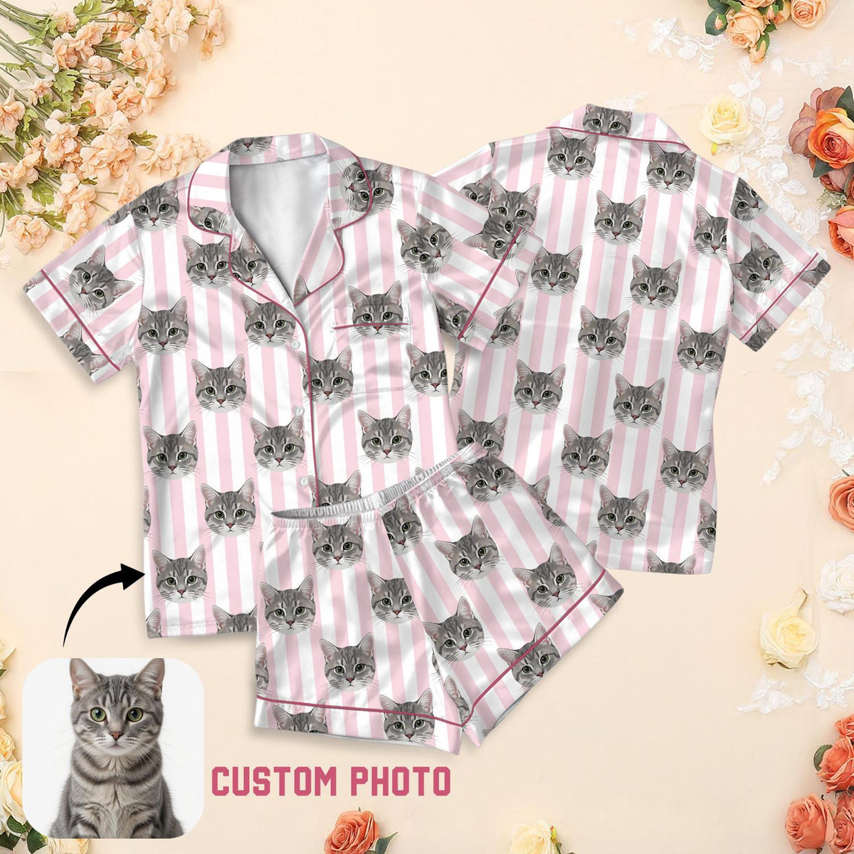 Custom Cat Face Pajamas, Personalized Pet Photo Satin PJs, Pink Stripe Cat Pajama Set