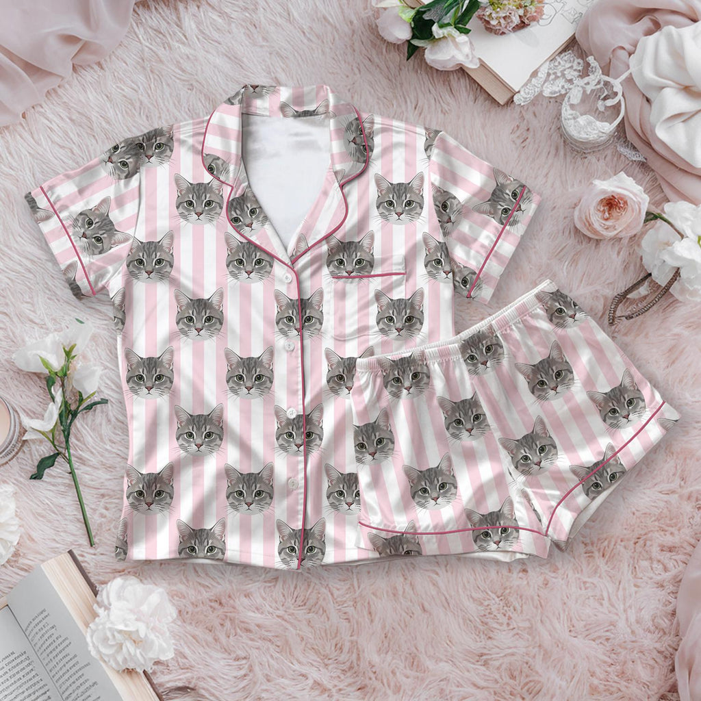 Custom Cat Face Pajamas, Personalized Pet Photo Satin PJs, Pink Stripe Cat Pajama Set