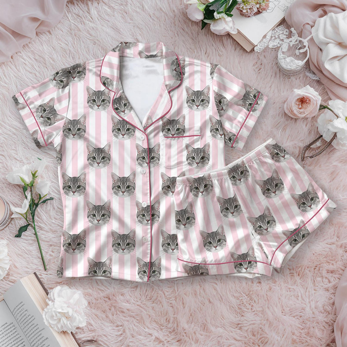 Custom Cat Face Pajamas, Personalized Pet Photo Satin PJs, Pink Stripe Cat Pajama Set
