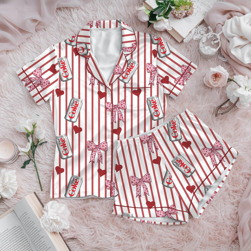 Diet Coke Pajama Set, Red Stripe Satin PJs, Bow Heart Sleepwear, Womens Novelty Pajamas