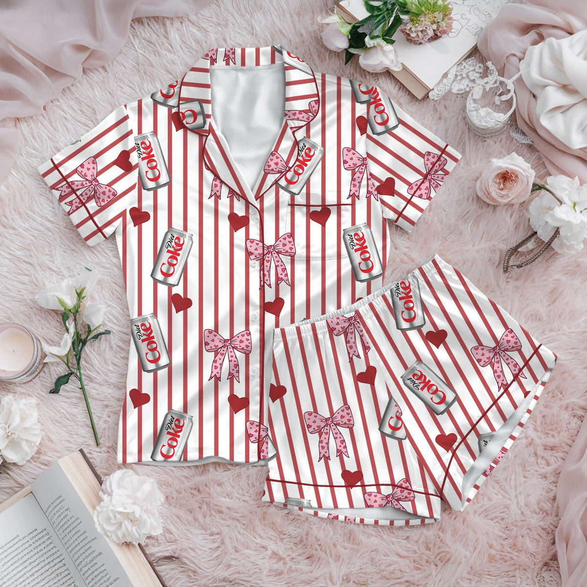 Diet Coke Pajama Set, Red Stripe Satin PJs, Bow Heart Sleepwear, Womens Novelty Pajamas