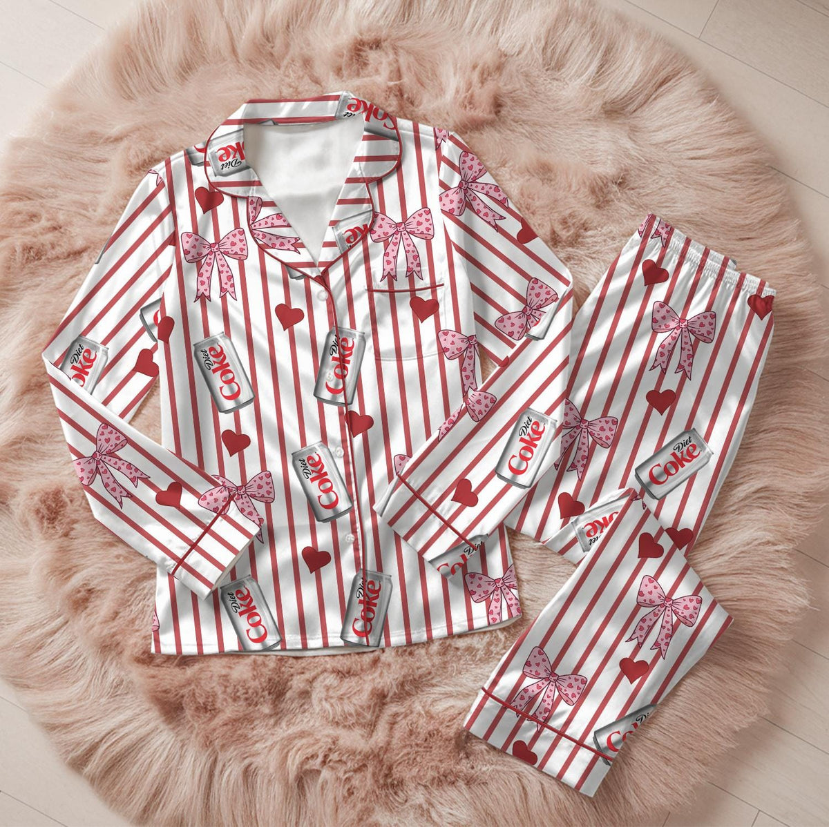 Diet Coke Pajama Set, Red Stripe Satin PJs, Bow Heart Sleepwear, Womens Novelty Pajamas