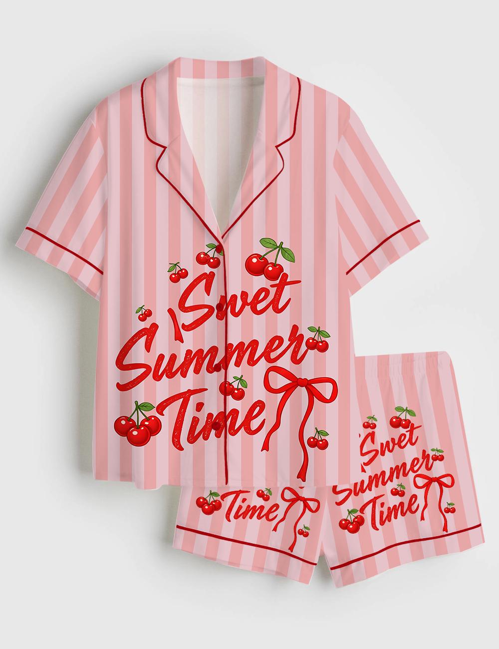 Cherry Pajama Set Women, Sweet Summer Time Sleepwear, Pink Stripe Loungewear, Vacation Pajamas Gift