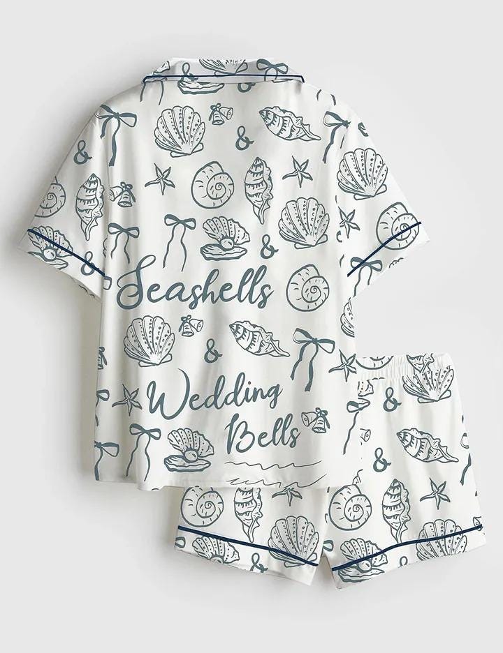 Coastal Seashells and Wedding Bells Satin Pajamas, Coastal Bridal Party Beach Bride Sleepwear, Silky Nautical Wedding Gift, Summer Mrs Pjs