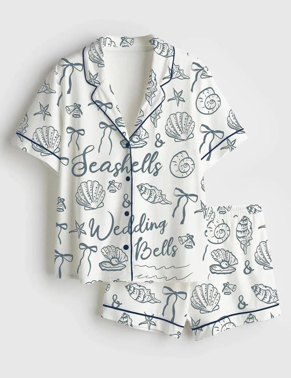 Coastal Seashells and Wedding Bells Satin Pajamas, Coastal Bridal Party Beach Bride Sleepwear, Silky Nautical Wedding Gift, Summer Mrs Pjs