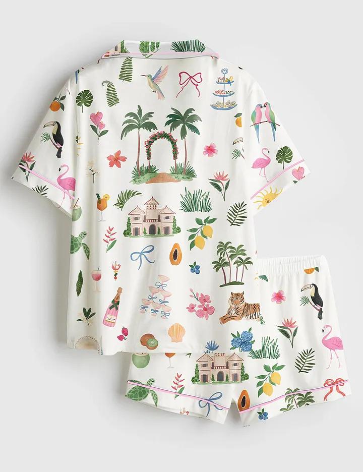 Whimsical Coastal Watercolor Satin Pajamas, Palm Tree Beach Bride Pjs, Summer Wedding Party Sleepwear, Tropical Nautical Bridal Shower Gift