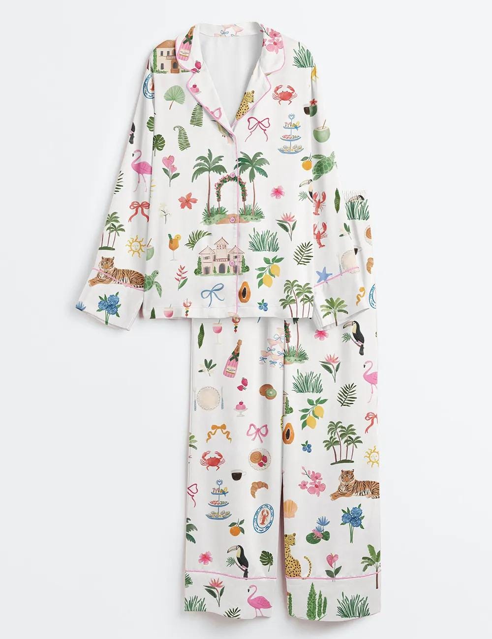 Whimsical Coastal Watercolor Satin Pajamas, Palm Tree Beach Bride Pjs, Summer Wedding Party Sleepwear, Tropical Nautical Bridal Shower Gift