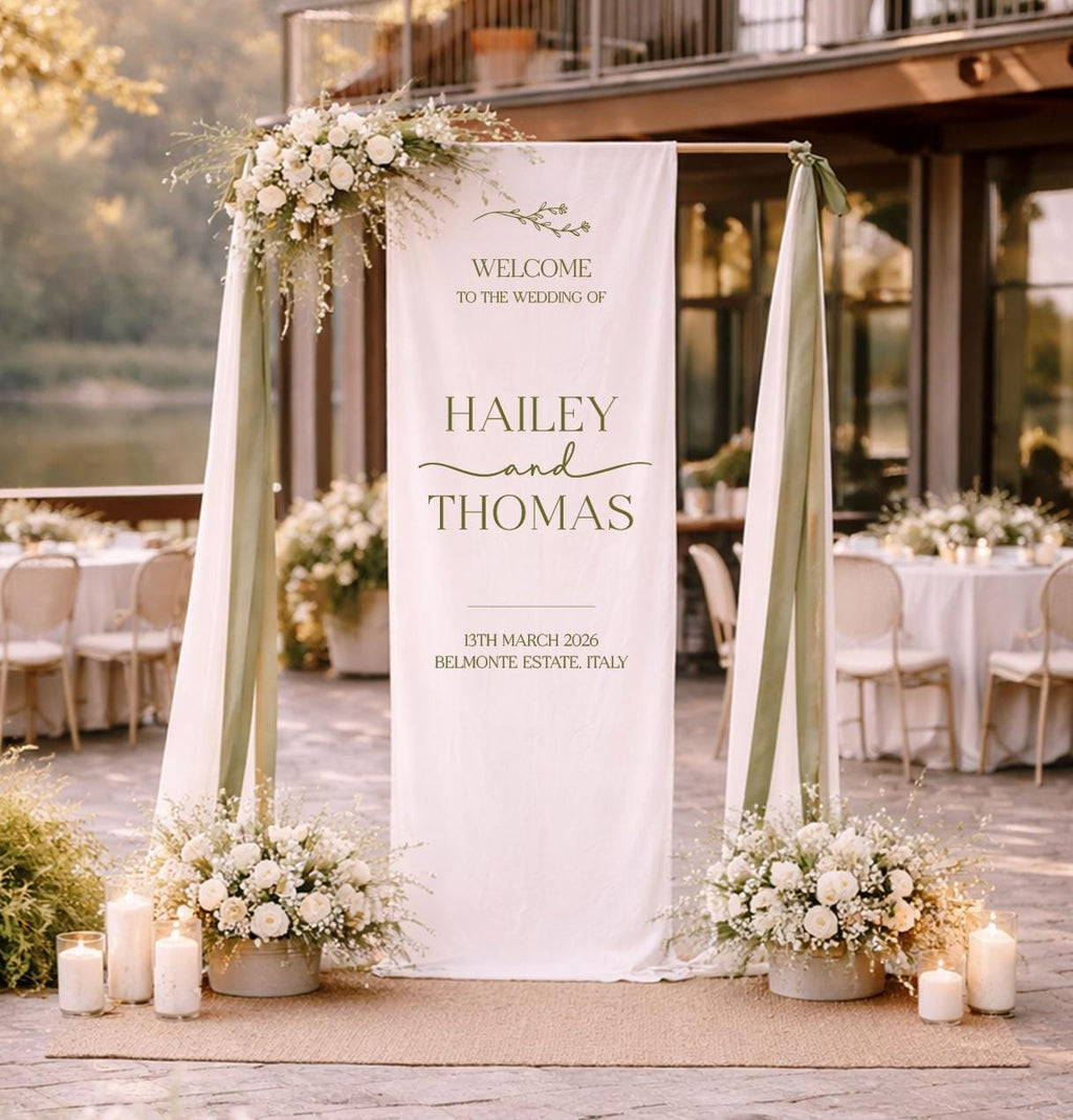 Fabric Wedding Welcome Sign, Custom Linen Welcome Sign for Wedding, Modern Wedding Decor, Wedding Banner, Engagement Party Sign
