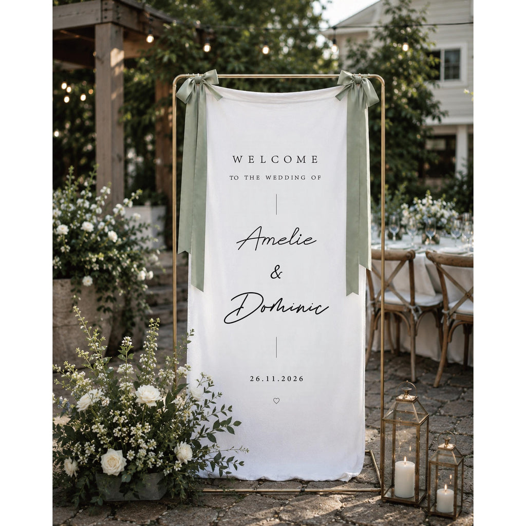 Custom Linen Wedding Welcome Sign, Personalized Fabric Wedding Banner with Names & Date, Ceremony Signage Decor