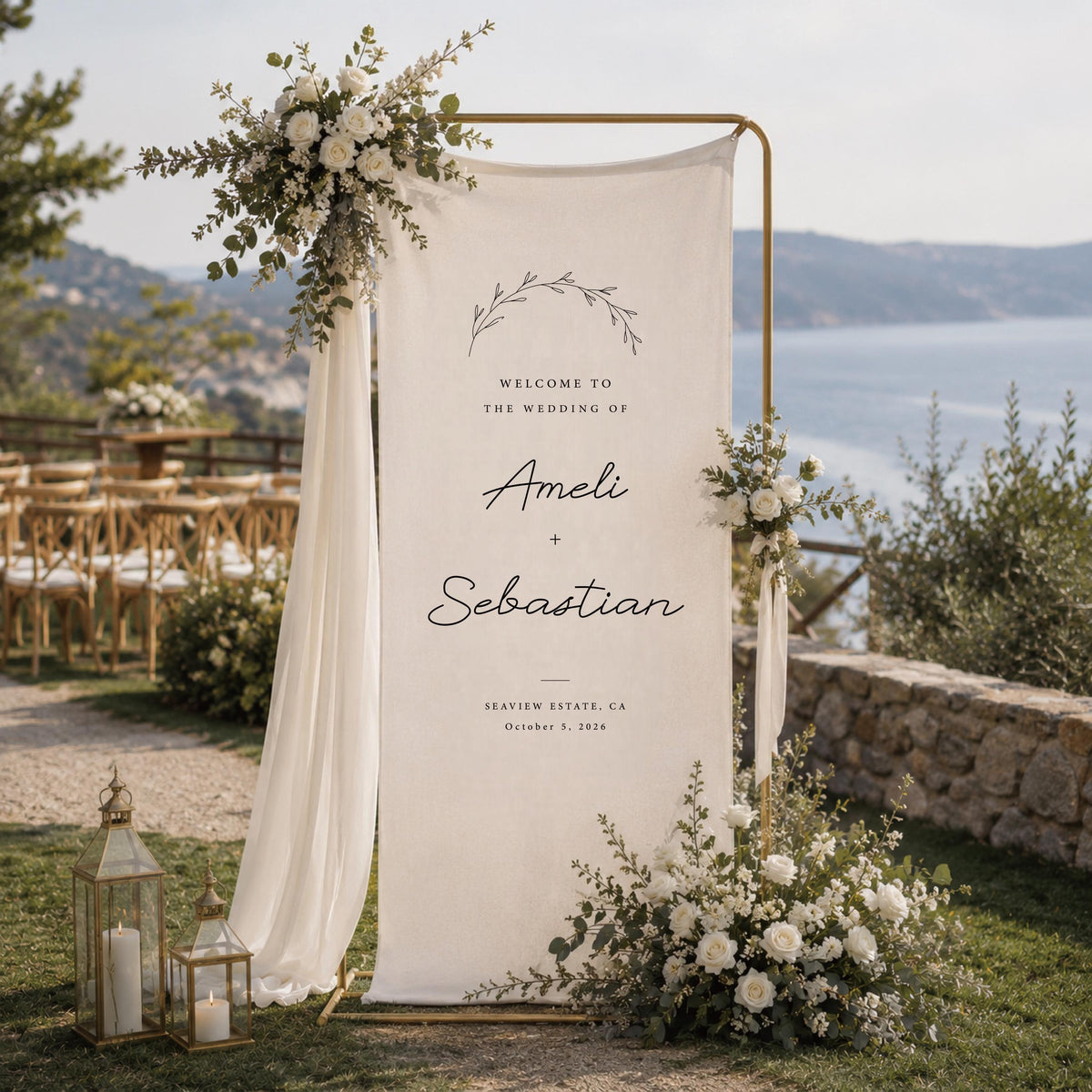 Custom Linen Wedding Welcome Sign, Personalized Fabric Wedding Banner with Names & Date, Ceremony Signage Decor