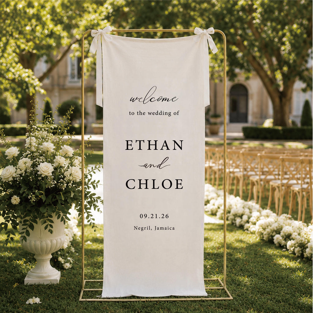 Custom Linen Wedding Welcome Sign, Personalized Fabric Wedding Banner with Names & Date, Ceremony Signage Decor