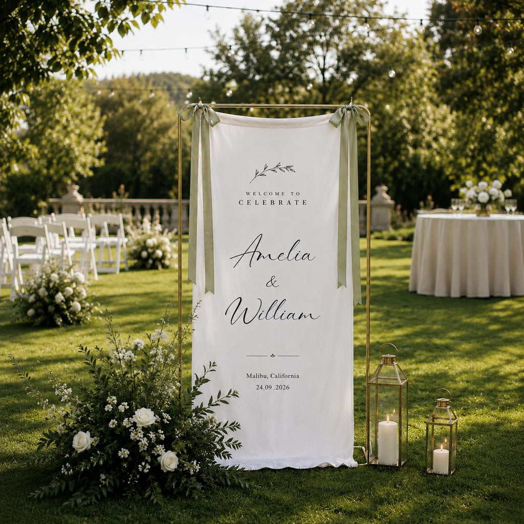 Custom Linen Wedding Welcome Sign, Personalized Fabric Wedding Banner with Names & Date, Ceremony Signage Decor