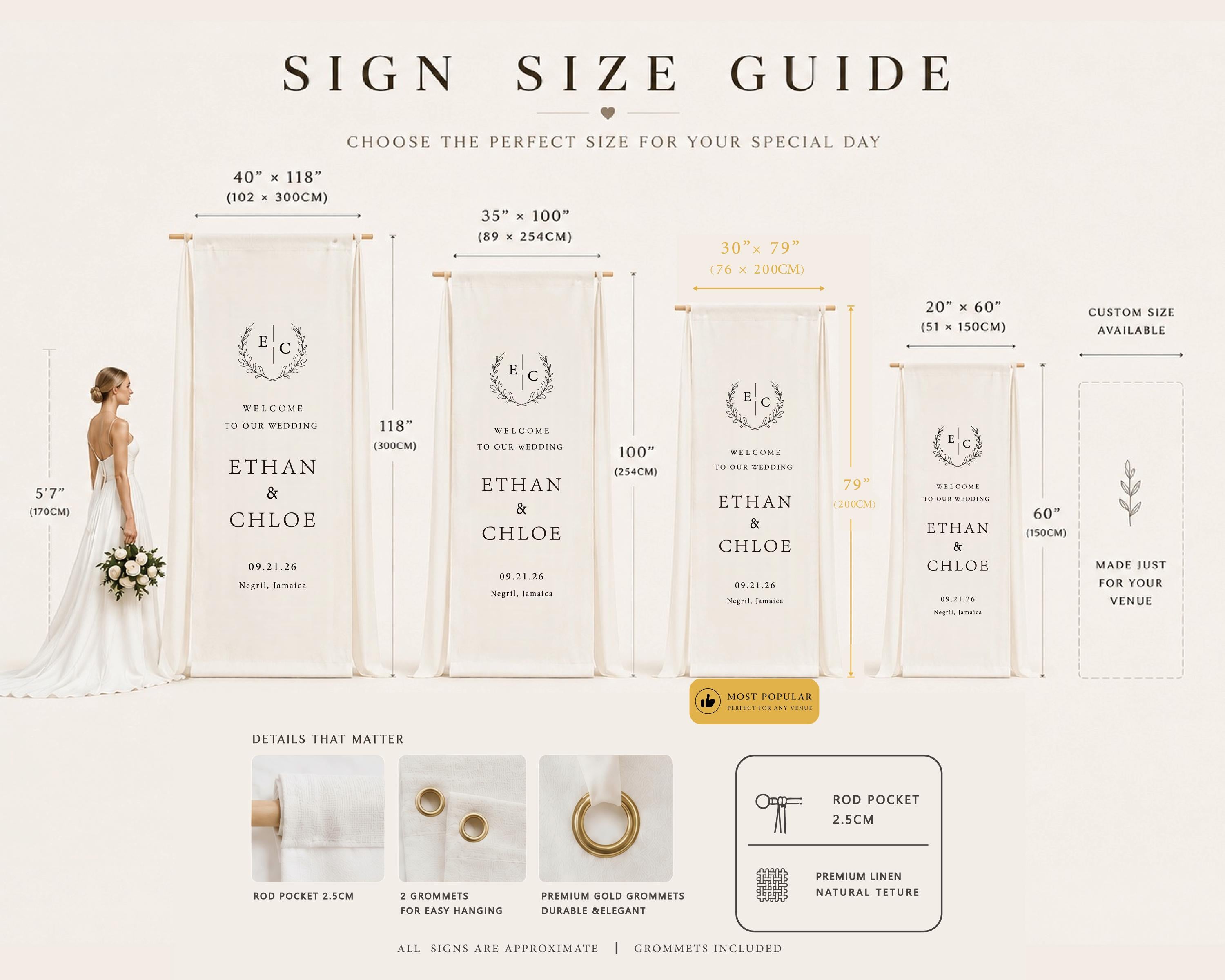 Personalized Linen Wedding Banner, Elegant Ceremony Welcome Sign with Custom Names & Venue Signage Decor