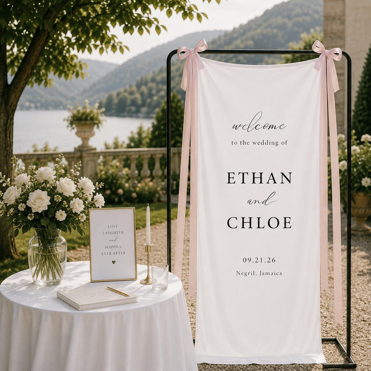 Personalized Linen Wedding Banner, Elegant Ceremony Welcome Sign with Custom Names & Venue Signage Decor
