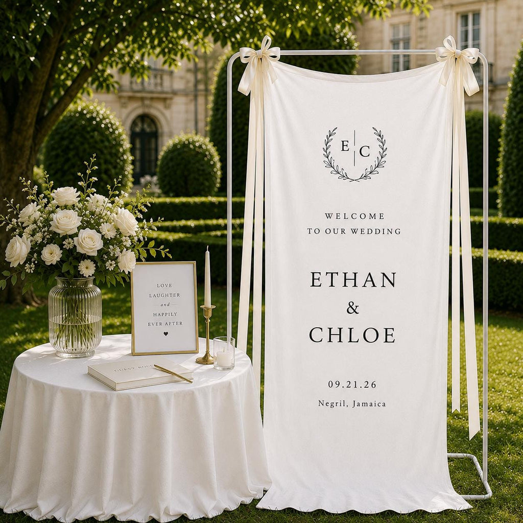 Personalized Linen Wedding Banner, Elegant Ceremony Welcome Sign with Custom Names & Venue Signage Decor