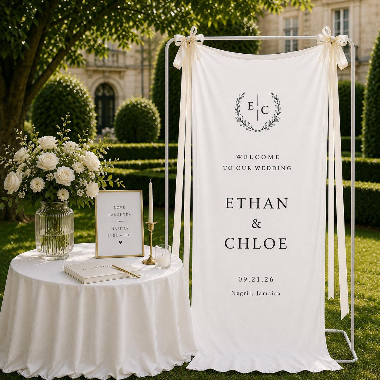 Personalized Linen Wedding Banner, Elegant Ceremony Welcome Sign with Custom Names & Venue Signage Decor