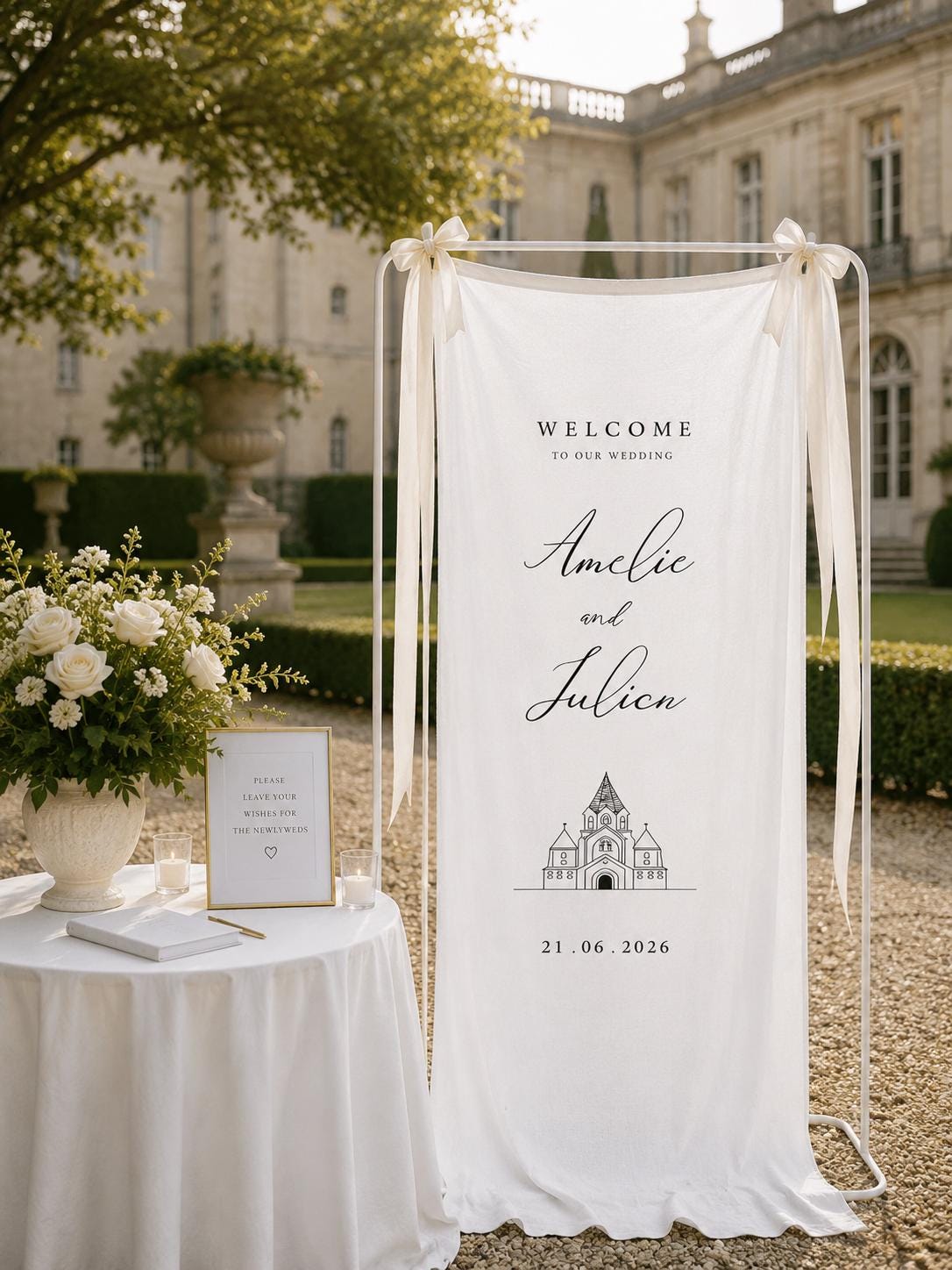 Personalized Linen Wedding Banner, Elegant Ceremony Welcome Sign with Custom Names & Venue Signage Decor