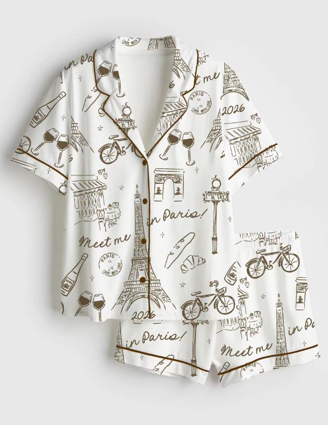 Paris Pajama Set – French Pattern Sleepwear, Eiffel Tower – Honeymoon Gift, Girls Trip & Birthday Gift