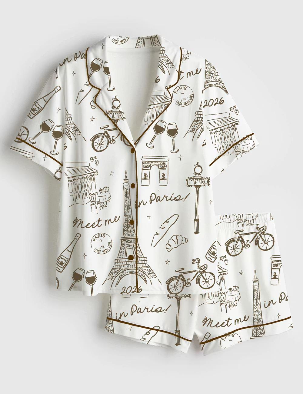 Meet Me In Paris Pajama Set, Girls Trip Bachelorette Party Long Sleeve Sleepwear, Silky Satin French Aesthetic Pjs, Paris Bride Lounge Set